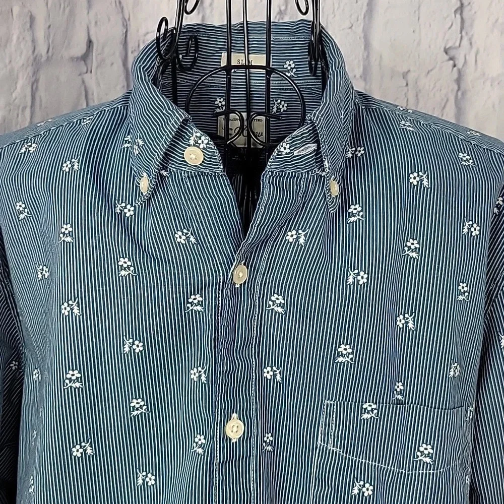 J CREW Slim Blue and White Striped Floral Men's‎ Shirt Medium